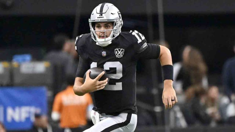 Las Vegas Raiders quarterback Aidan O'Connell runs with the ball against the Jacksonville Jaguars during the first half of an NFL football game Sunday, Dec. 22, 2024, in Las Vegas. (David Becker/AP)