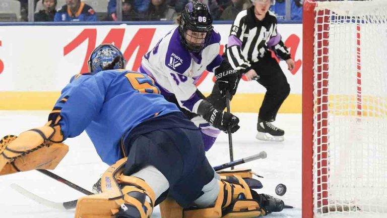 Minnesota Frost's Michela Cava (86) shoots on Toronto Sceptres goaltender Kristen Campbell (50) during first period PWHL hockey action on Saturday, December 7, 2024. (Chris Young/CP)