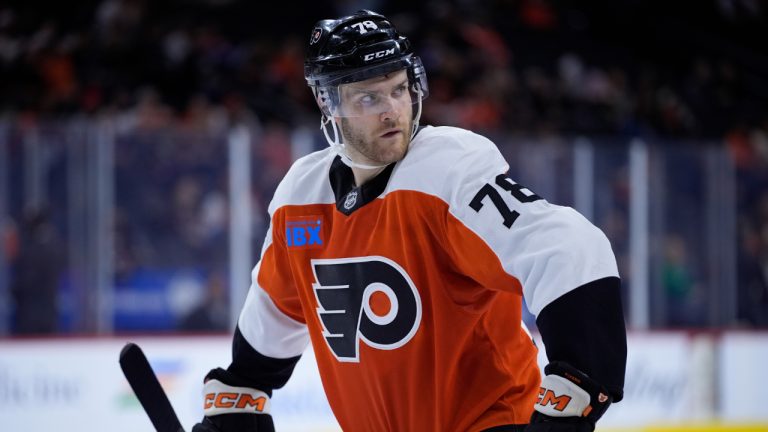 Philadelphia Flyers' Jacob Gaucher plays during a preseason NHL hockey game, Thursday, Sept. 26, 2024, in Philadelphia. (AP Photo/Matt Slocum)