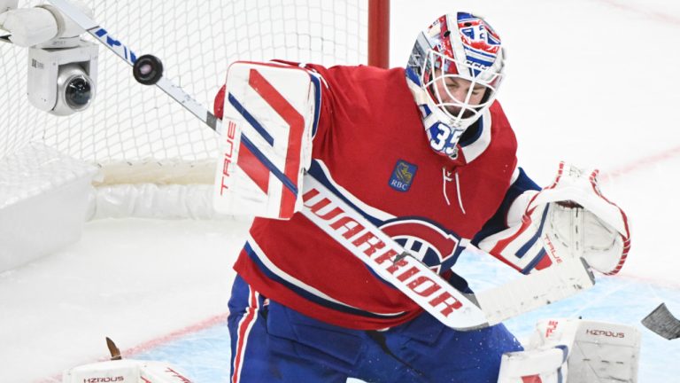 Montreal Canadiens goaltender Sam Montembeault makes a stick save during second period NHL hockey action against the Pittsburgh Penguins in Montreal, Monday, Oct. 14, 2024. THE CANADIAN PRESS/Graham Hughes