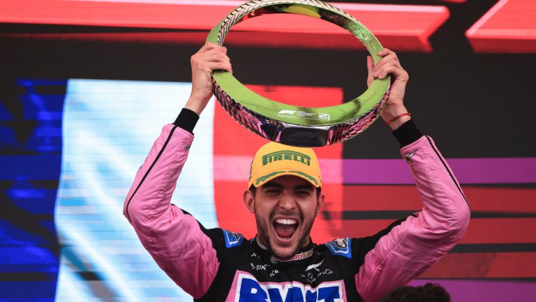 Alpine driver Esteban Ocon of France, celebrates at the podium after getting the second place in the Brazilian Formula One Grand Prix at the Interlagos race track, in Sao Paulo, Brazil, Sunday, Nov. 3, 2024. (Ettore Chiereguini/AP)
