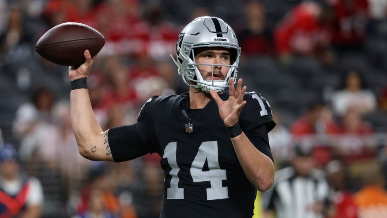 Las Vegas Raiders quarterback Carter Bradley throws against the San Francisco 49ers during the second half of an NFL preseason football game, Friday, Aug. 23, 2024, in Las Vegas. (Ian Maule/AP)