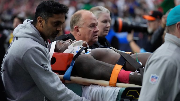 Miami Dolphins wide receiver Grant DuBose (88) is carted off the field after being injured during the second half of an NFL football game against the Houston Texans, Sunday, Dec. 15, 2024, in Houston. (Ashley Landis/AP)