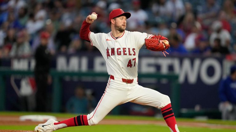 Los Angeles Angels starting pitcher Griffin Canning throws during the first inning of a baseball game against the Texas Rangers. (Ashley Landis/AP)