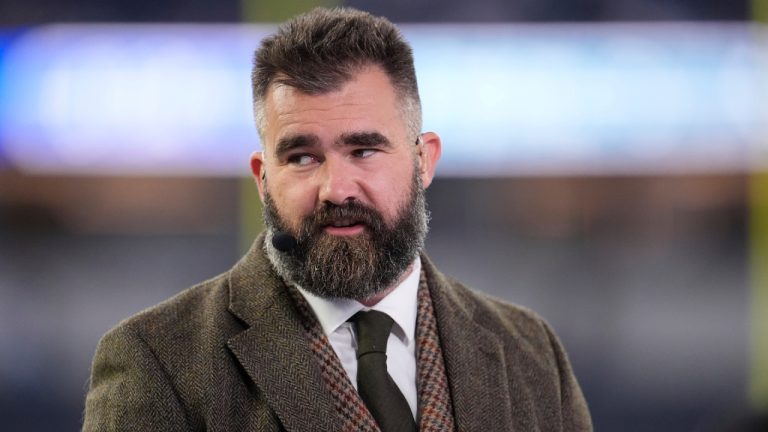 Jason Kelce is seen prior to an NFL football game between the Los Angeles Rams and the Miami Dolphins, Monday, Nov. 11, 2024, in Inglewood, Calif. (Marcio Jose Sanchez/AP)