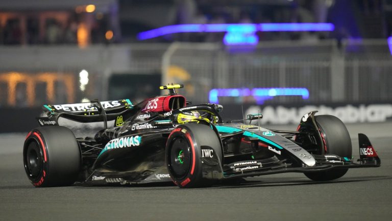 Mercedes driver Lewis Hamilton of Britain in action during the qualifying for the Formula One Abu Dhabi Grand Prix at the Yas Marina Circuit in Abu Dhabi, UAE, Saturday, Dec. 7, 2024. (AP/Darko Bandic)