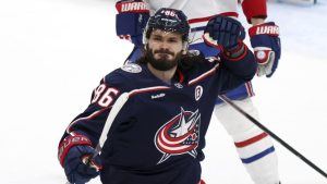 Columbus Blue Jackets forward Kirill Marchenko celebrates his goal against the Montreal Canadiens during the third period of an NHL hockey game in Columbus, Ohio, Monday, Dec. 23, 2024. The Blue Jackets won 5-4. (Paul Vernon/AP)