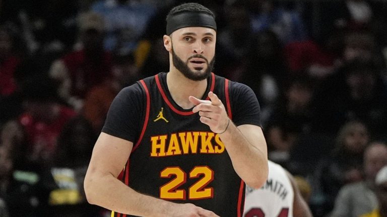 Atlanta Hawks forward Larry Nance Jr. (22) celebrates a basket against the Miami Heat during the second half of an NBA basketball game, Saturday, Dec. 28, 2024, in Atlanta. (Mike Stewart/AP)