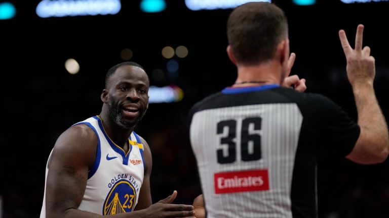 Golden State Warriors forward Draymond Green (23) disputes a foul call with referee Brent Barnaky (36) during the first half of an Emirates NBA cup tournament quarterfinal basketball game against the Houston Rockets in Houston, Wednesday, Dec. 11, 2024. (Ashley Landis/AP)