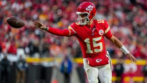 Kansas City Chiefs quarterback Patrick Mahomes (15) pitches the ball during the second half of an NFL football game against the Las Vegas Raiders in Kansas City, Mo., Friday, Nov. 29, 2024. (Ed Zurga/AP)