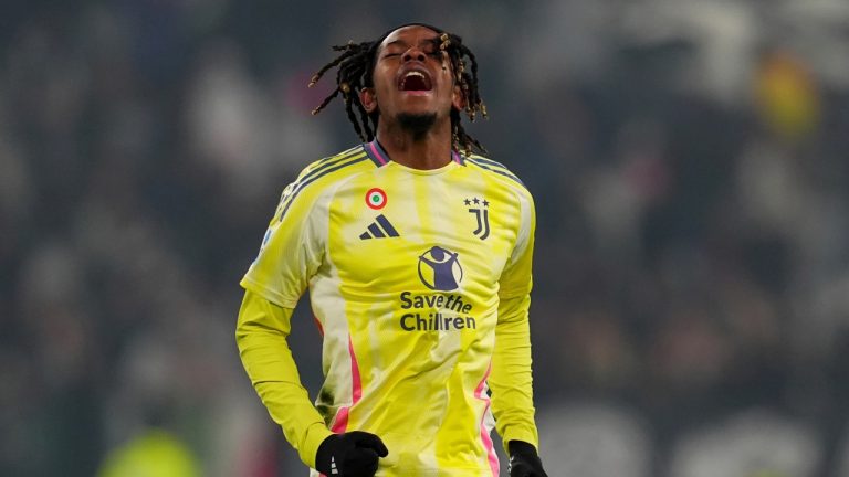 Juventus' Samuel Mbangula celebrates after scoring his side's second goal during the Italian Serie A soccer match between Juventus and Bologna at the Allianz Stadium in Turin, Italy, Saturday, Dec. 7, 2024. (Spada/LaPresse via AP)