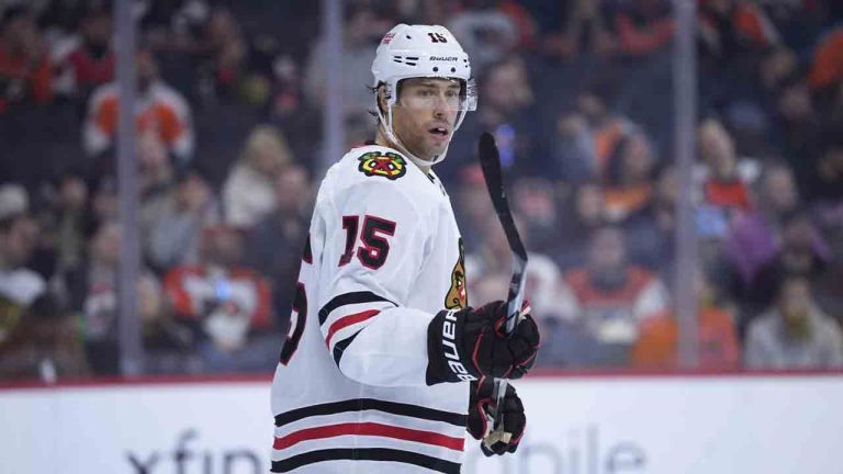 Chicago Blackhawks' Craig Smith plays during an NHL hockey game, on Nov. 23, 2024, in Philadelphia. (Matt Slocum/AP)