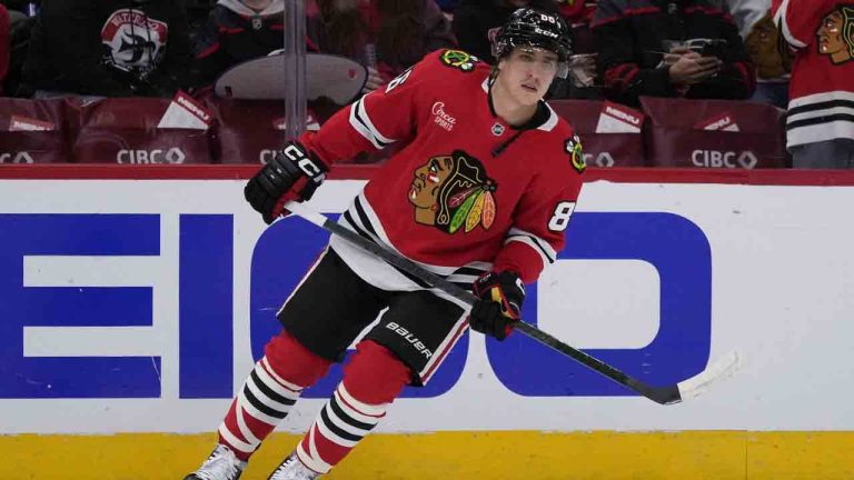 Chicago Blackhawks centre Teuvo Teravainen warms up before an NHL hockey game against the Carolina Hurricanes in Chicago, Monday, Jan. 20, 2025. (Nam Y. Huh/AP)