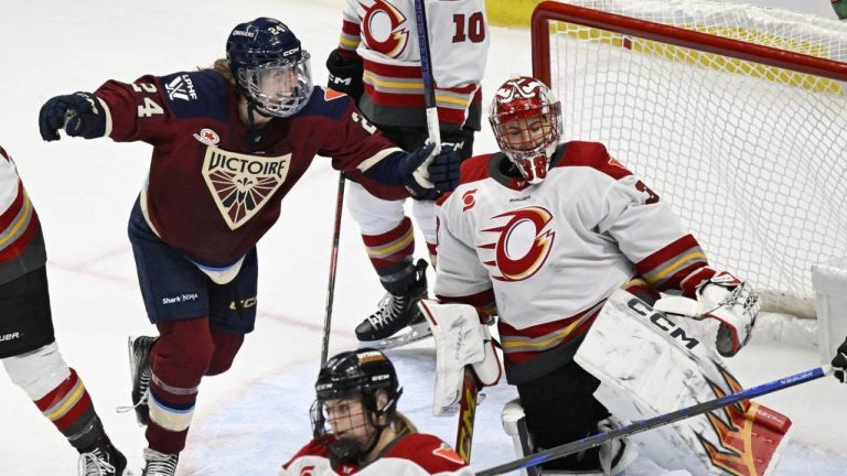 Montreal Victoire's Abby Boreen reacts to her team’s first goal against Ottawa Charge goalkeeper Emerance Maschmeyer. (CP Images/Jacques Boissinot)