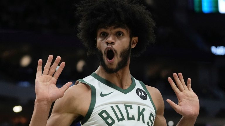 Milwaukee Bucks' Andre Jackson Jr. reacts after his dunk during the first half of an NBA basketball game Wednesday, Dec. 13, 2023, in Milwaukee. (Morry Gash/AP)