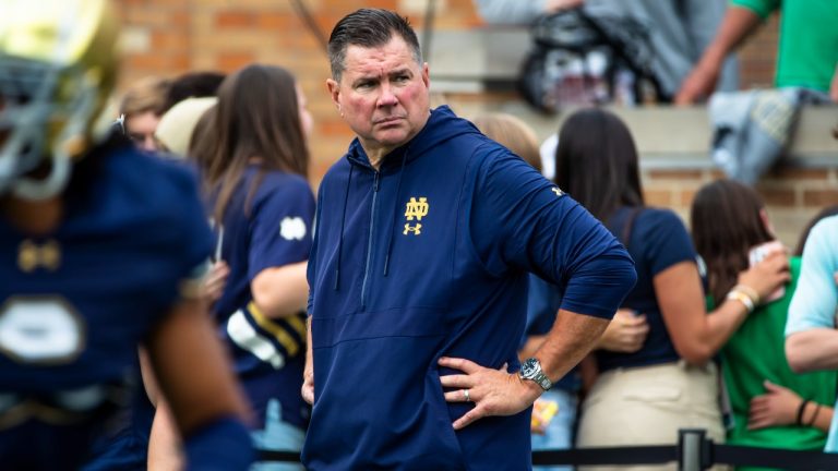 Notre Dame defensive coordinator Al Golden surveys the field before an NCAA college football game against Stanford, Saturday, Oct. 12, 2024, in South Bend, Ind. (AP Photo/Michael Caterina)