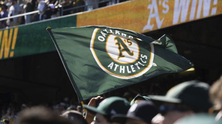 FILE - An Oakland Athletics flag is flown after a baseball game between the Athletics and the Texas Rangers, Thursday, Sept. 26, 2024, in Oakland, Calif. (AP Photo/Benjamin Fanjoy, File)