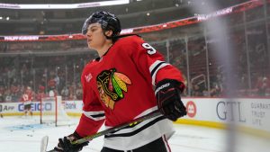 Chicago Blackhawks center Connor Bedard warms up before an NHL hockey game against the Detroit Red Wings, Wednesday, Nov. 6, 2024, in Chicago. (Erin Hooley/AP)