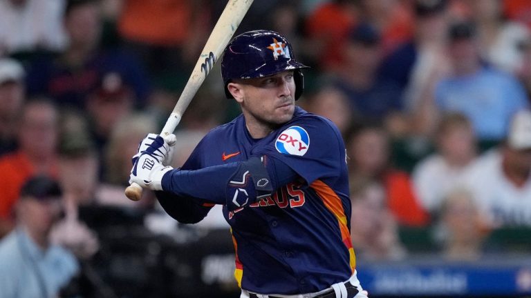 Houston Astros' Alex Bregman bats during the fifth inning of a baseball game against the Los Angeles Angels, Sunday, Sept. 22, 2024, in Houston. (Kevin M. Cox/AP)