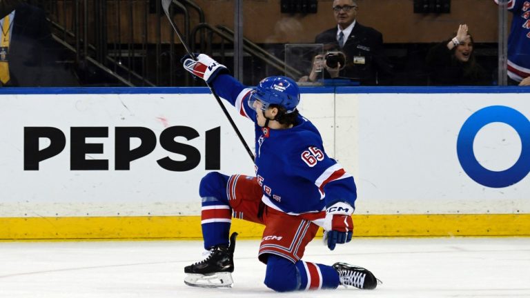 New York Rangers' Brett Berard reacts after scoring during the first period of an NHL game against the Boston Bruins, Thursday, Jan. 2, 2025, in New York. (Pamela Smith/AP)