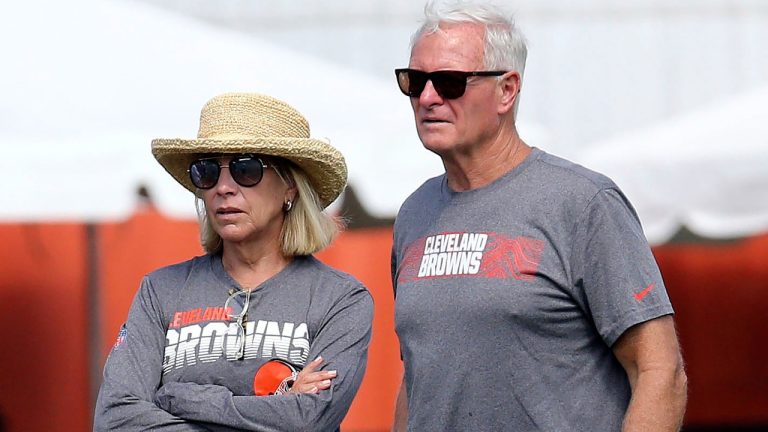 Cleveland Browns football owners Dee, left, and Jimmy Haslam watch the action during the fourth day of NFL football training camp, Sunday, July 28, 2019, in Berea, Ohio. Dee Haslam has been among the league's most fervent supporters of female equality. (John Kuntz/Cleveland.com via AP, File)