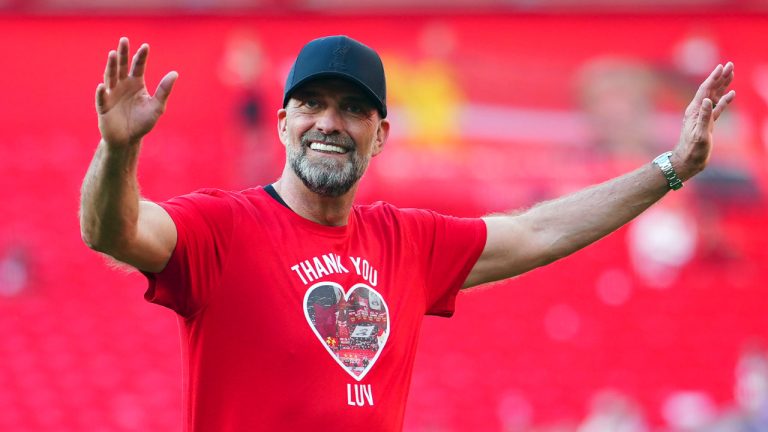 Jurgen Klopp reacts to fans after the English Premier League soccer match between Liverpool and Wolverhampton Wanderers at Anfield Stadium in Liverpool, England, Sunday, May 19, 2024. (AP Photo/Jon Super, File)