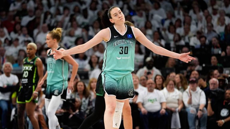 New York Liberty forward Breanna Stewart reacts after making a 3-point basket during the second half against the Minnesota Lynx in Game three of a WNBA basketball final playoff series, Wednesday, Oct. 16, 2024, in Minneapolis. (AP/Abbie Parr)