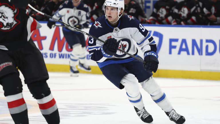 Winnipeg Jets centre Brad Lambert skates during the second period of an NHL hockey game against the Buffalo Sabres Thursday, Dec. 5, 2024, in Buffalo, N.Y. (AP/Jeffrey T. Barnes)