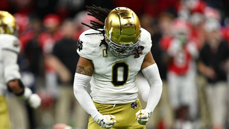 Notre Dame safety Xavier Watts celebrates after a defensive stop during the second half against Georgia in the quarterfinals of a College Football Playoff, Thursday, Jan. 2, 2025, in New Orleans. (AP/Matthew Hinton)