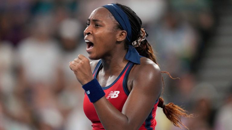 Coco Gauff of the U.S. celebrates after winning a game against Poland's Iga Swiatek during their final match at the United Cup tennis tournament in Sydney, Australia, Sunday, Jan. 5, 2025. (Rick Rycroft/AP)