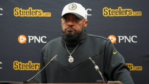 Pittsburgh Steelers head coach Mike Tomlin speaks to reporters following an NFL wild-card playoff football game against the Baltimore Ravens, Saturday, Jan. 11, 2025. (AP Photo/Stephanie Scarbrough)