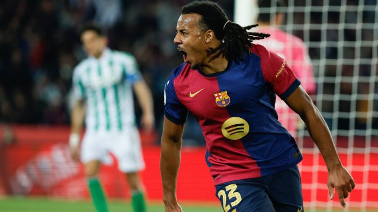 Barcelona's Jules Kounde celebrates after scoring his side's opening goal during a Spanish Copa del Rey round of 16 soccer match between Barcelona and Real Betis at the Lluis Companys Olympic Stadium in Barcelona, Spain, Wednesday, Jan. 15, 2025. (AP/Joan Monfort)