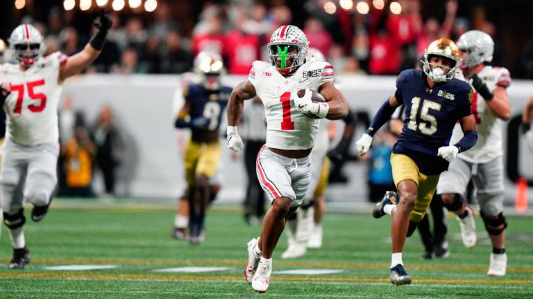 Ohio State running back Quinshon Judkins runs against Notre Dame during second half of the College Football Playoff national championship game Monday, Jan. 20, 2025, in Atlanta. (AP/Jacob Kupferman)