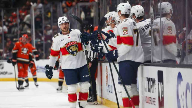 Florida Panthers centre Sam Reinhart (13) celebrates with defenceman Niko Mikkola (77) and teammates after scoring a goal during the first period of an NHL hockey game against the Anaheim Ducks, Tuesday, Jan. 21, 2025, in Anaheim, Calif. (Jessie Alcheh/AP)