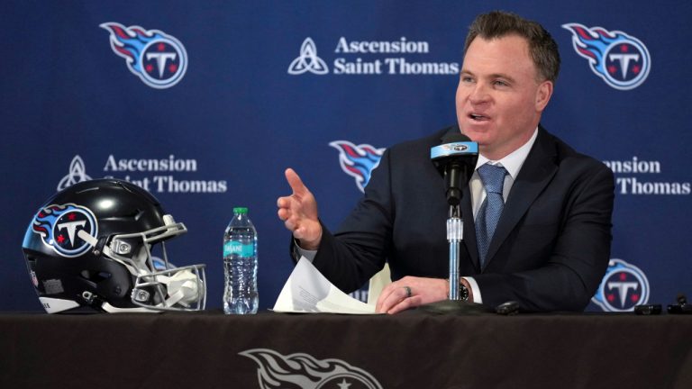 Tennessee Titans new general manager Mike Borgonzi speaks during his introductory news conference at the team's training facility Wednesday, Jan. 22, 2025. (AP Photo/George Walker IV)