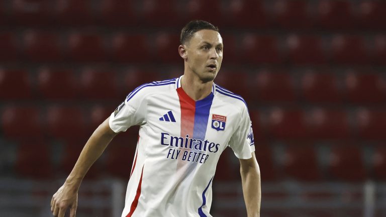 Lyon's Nemanja Matic during the French League One soccer match between Rennes and Lyon at the Roazhon Park stadium in Rennes, France, Sunday, Aug. 18, 2024. (Jeremias Gonzalez/AP)