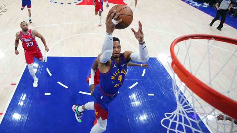 Denver Nuggets' Russell Westbrook goes up for a shot during the second half of an NBA basketball game against the Philadelphia 76ers, Friday, Jan. 31, 2025, in Philadelphia. (Matt Slocum/AP)