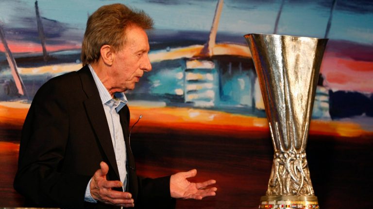 UEFA Ambassador Denis Law stands with the UEFA Cup at Manchester Town Hall, Manchester, England, Monday March 17, 2008. (AP Photo/Jon Super)