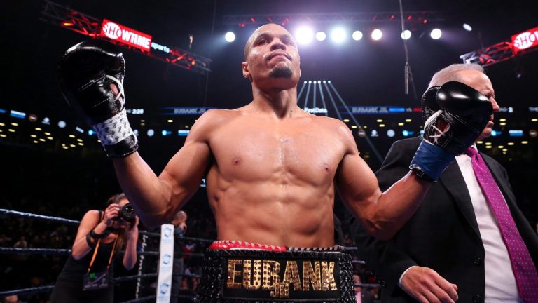 Britain's Chris Eubank Jr. reacts after defeating Russia's Matt Korobov during the second round of a WBA interim middleweight title boxing match Saturday, Dec. 7, 2019, in New York. (AP Photo/Michael Owens)