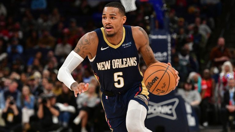 New Orleans Pelicans guard Dejounte Murray (5) plays in the first half of an NBA basketball game against the Memphis Grizzlies Friday, Jan. 24, 2025, in Memphis, Tenn. (Brandon Dill/AP)