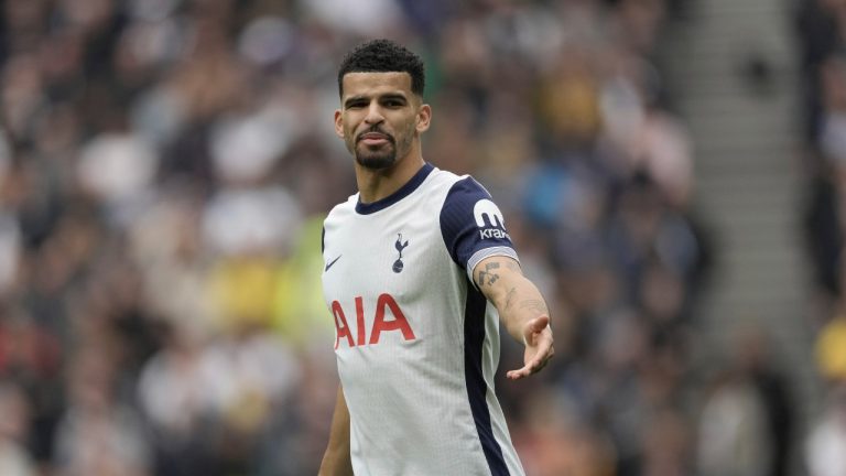 Tottenham's Dominic Solanke appeals during the English Premier League soccer match between Tottenham Hotspur and West Ham United, at the Tottenham Hotspur Stadium in London, Saturday, Oct 19, 2024. (AP Photo/Dave Shopland)