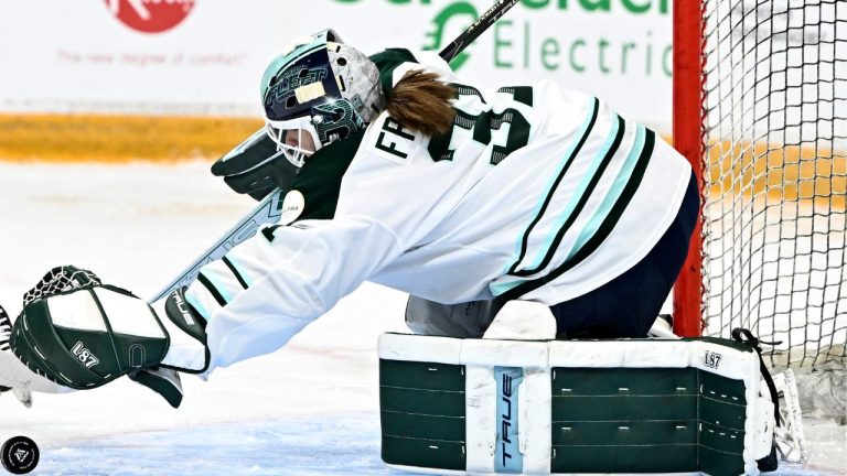Boston Fleet goaltender Aerin Frankel  during first period PWHL hockey action in Ottawa, on Saturday, Jan. 11, 2025. (Justin Tang/CP)