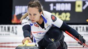Team Homan skip Rachel Homan delivers a stone against Team Skrlik during the women's curling final at the PointsBet Invitational in Calgary, Alta., Sunday, Sept. 29, 2024. (Jeff McIntosh/CP)