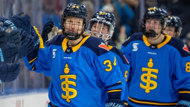Toronto Sceptres forward Hannah Miller (34) is congratulated by teammates after scoring her second goal of the game against the Toronto Sceptres in second period PWHL hockey action in Toronto on Saturday January 25, 2025.THE CANADIAN PRESS/Frank Gunn