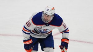 Edmonton Oilers left wing Zach Hyman (18) looks on against the Seattle Kraken during an NHL hockey game Saturday, Jan. 4, 2025, in Seattle. (Lindsey Wasson/AP)