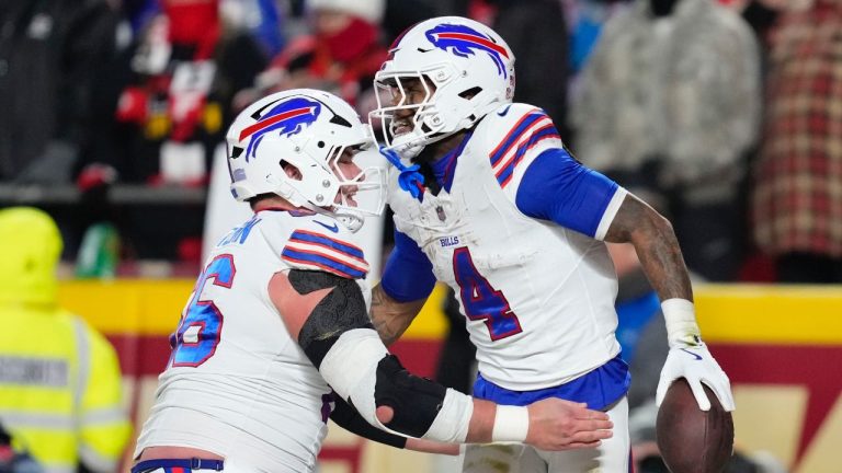Buffalo Bills running back James Cook celebrates his touchdown against the Kansas City Chiefs during the first half of the AFC Championship NFL game, Sunday, Jan. 26, 2025, in Kansas City, Mo. (AP/Ashley Landis)