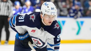 Winnipeg Jets centre Cole Perfetti (91) against the Tampa Bay Lightning during the first period of an NHL hockey game. (Chris O'Meara/AP)