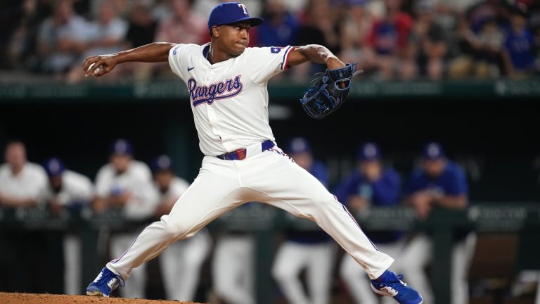 Texas Rangers relief pitcher Jose Leclerc throws during an MLB game against the Los Angeles Angels Thursday, Sept. 5, 2024, in Arlington, Texas. (AP/Tony Gutierrez)