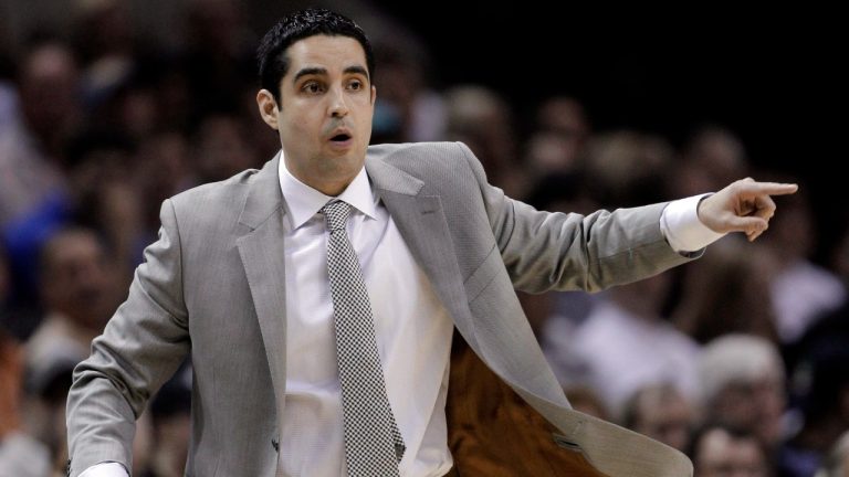 Portland Trail Blazers coach Kaleb Canales talks to his players during the first quarter of an NBA basketball game against the San Antonio Spurs, Monday, April 23, 2012, in San Antonio. (AP Photo/Eric Gay)