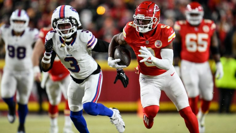 Kansas City Chiefs wide receiver JuJu Smith-Schuster (9) runs against Buffalo Bills safety Damar Hamlin (3) during the first half of the AFC Championship NFL football game, Sunday, Jan. 26, 2025, in Kansas City, Mo. (Reed Hoffmann/AP)